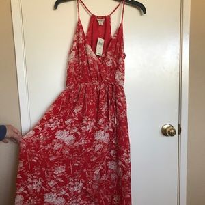 Red with white floral pattern dress high low